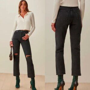 REFORMATION Cynthia High Rise Straight Long Jeans Lagoon Destroyed Distressed